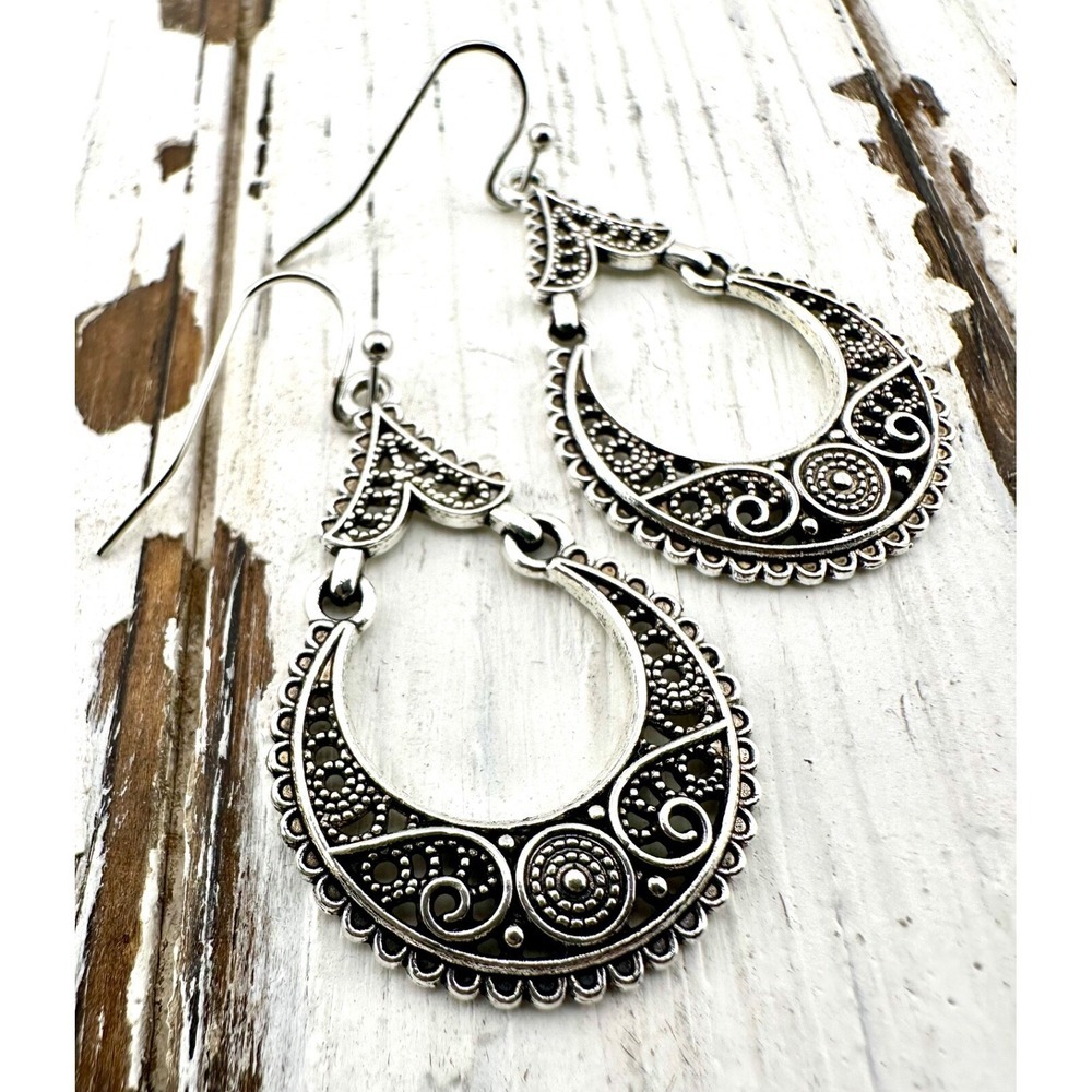Carved Filigree Earrings Moroccan Folklore Design Silver Tone NEW